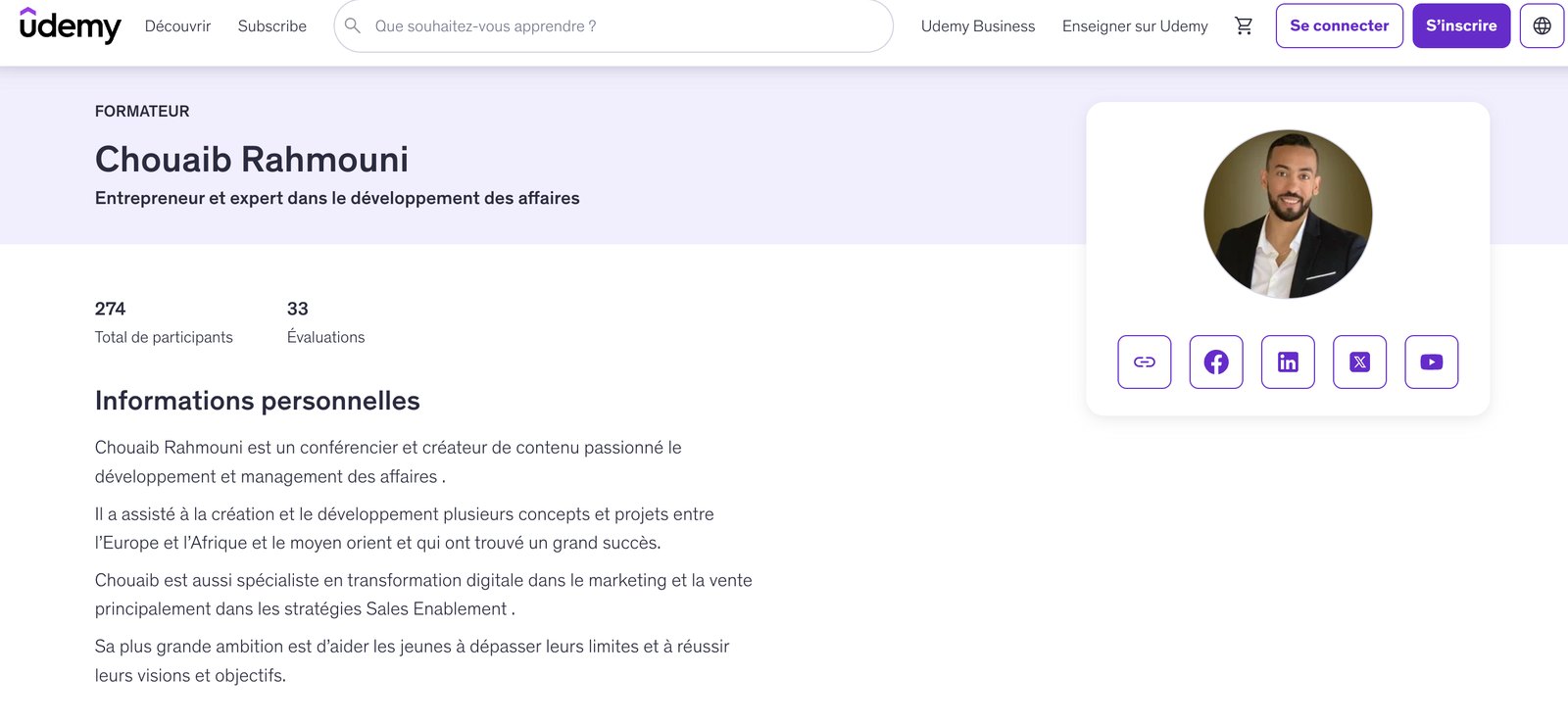 Profil de formateur de Chouaib Rahmouni sur Udemy